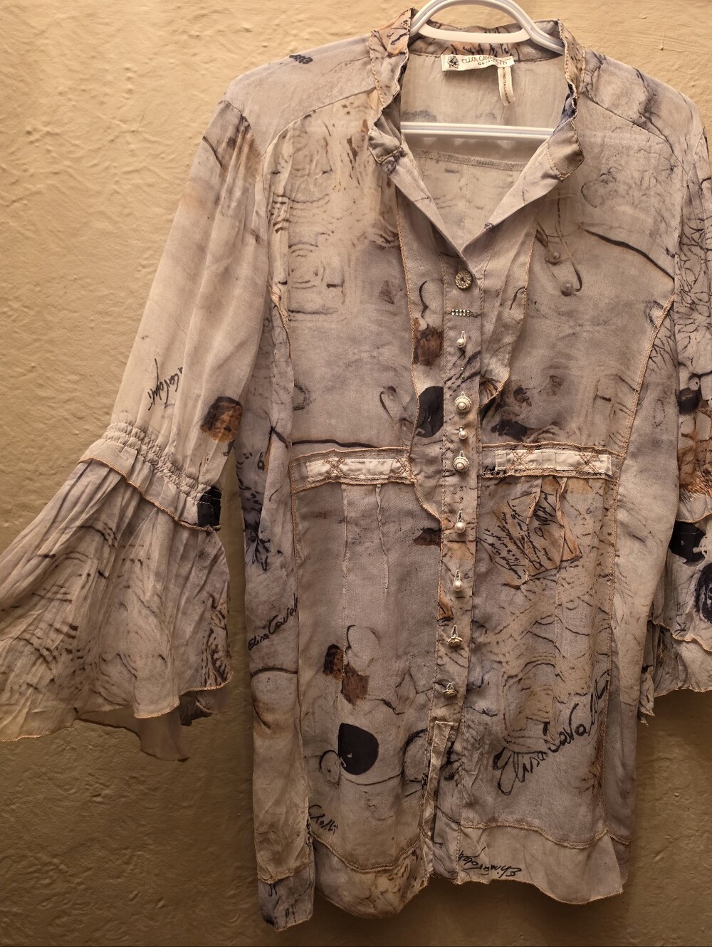 Elisa Cavaletti Club Art Print Embellished Bell Sleeve Tunic Blouse